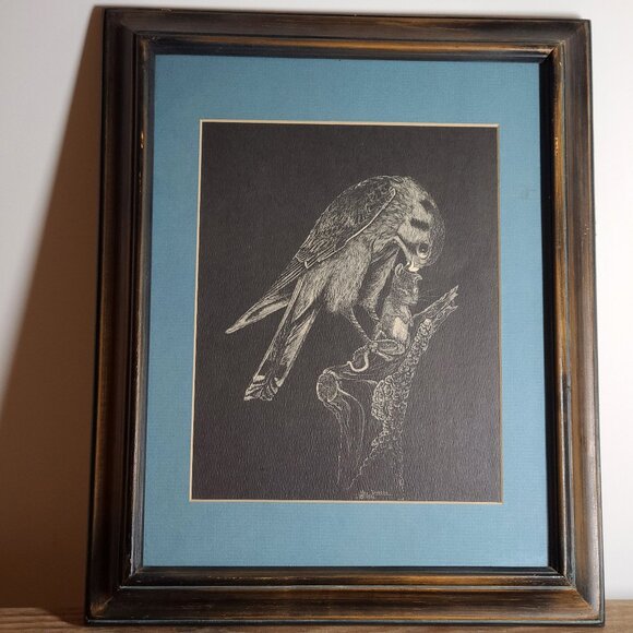 Mel Dobson Vintage 1972 Predator Prey Scratchboard Print Falcon Rodent Framed - Picture 1 of 8